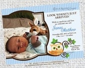 Owl Baby Boy Birth Announcement Photo Printable - Personalized Custom Photo Cards - Digital JPEG File.