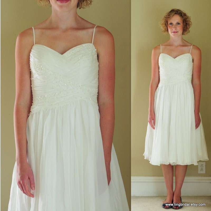 Sample sale---Ready to ship---Woven bodice skinny straps tea length wedding gown---Adjustable corset back