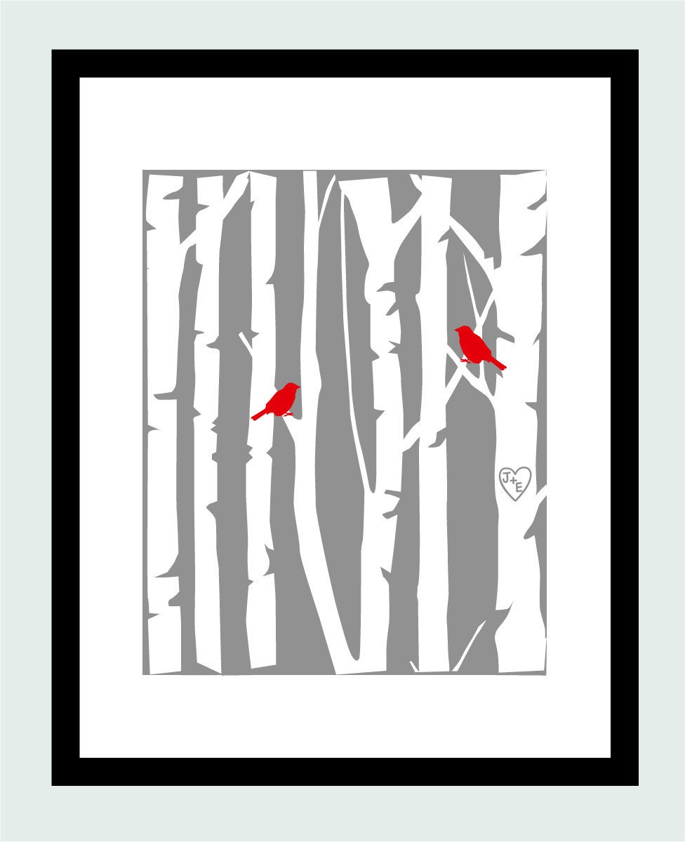 Birch Tree Forest Love Birds Carved Initials - Anniversary or Wedding Gift - Gift for Her - Poster Print 8"x10"