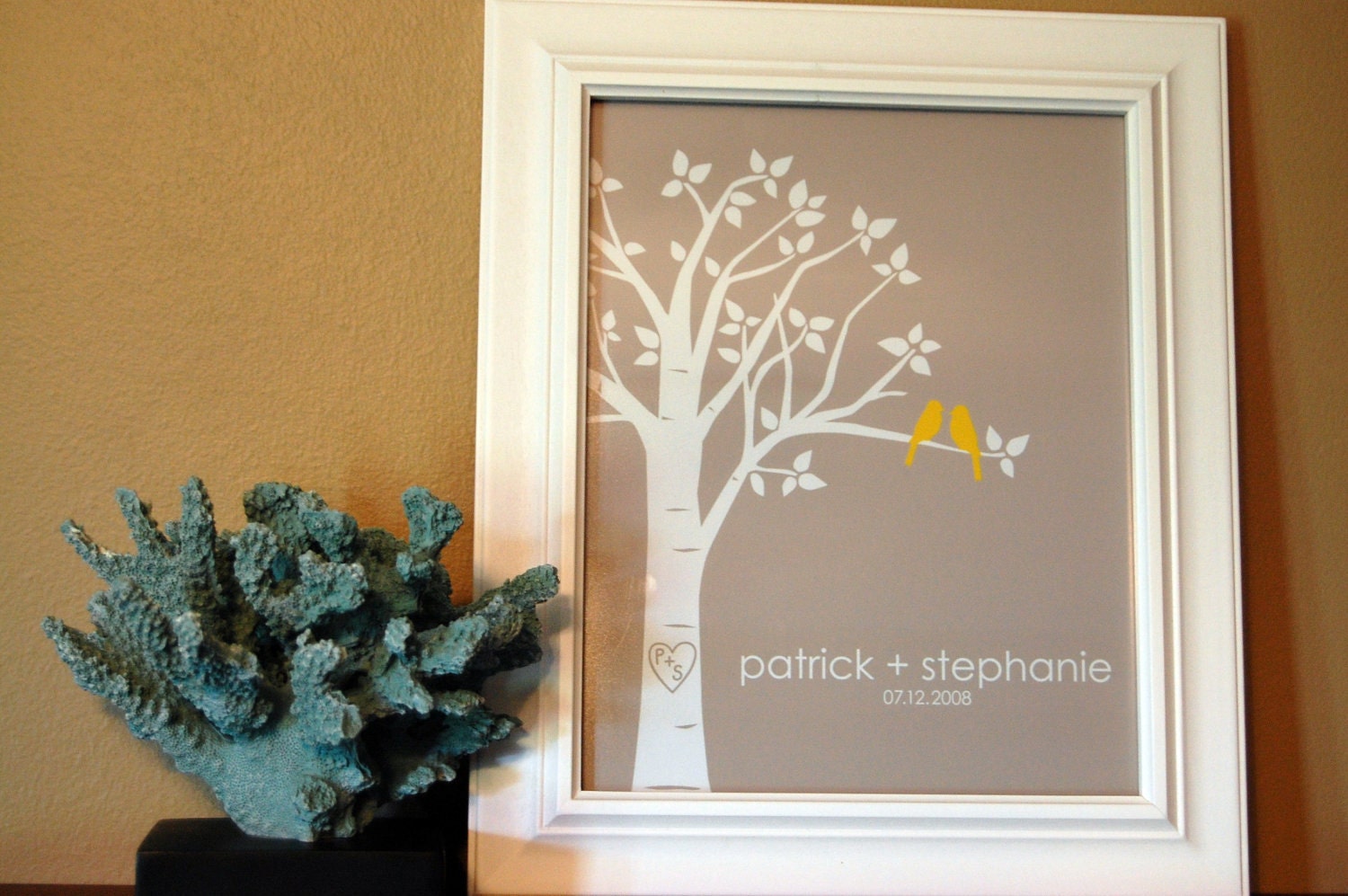 Personalized Custom Love Birds Family Tree - Wedding or Anniversary Gift - 8"x10" (Yellow/LightTaupe)