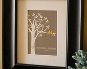 Personalized Custom Love Birds Family Tree - Paper First Anniversary Gift - Art Print - 5"x7" (Yellow/Gray)