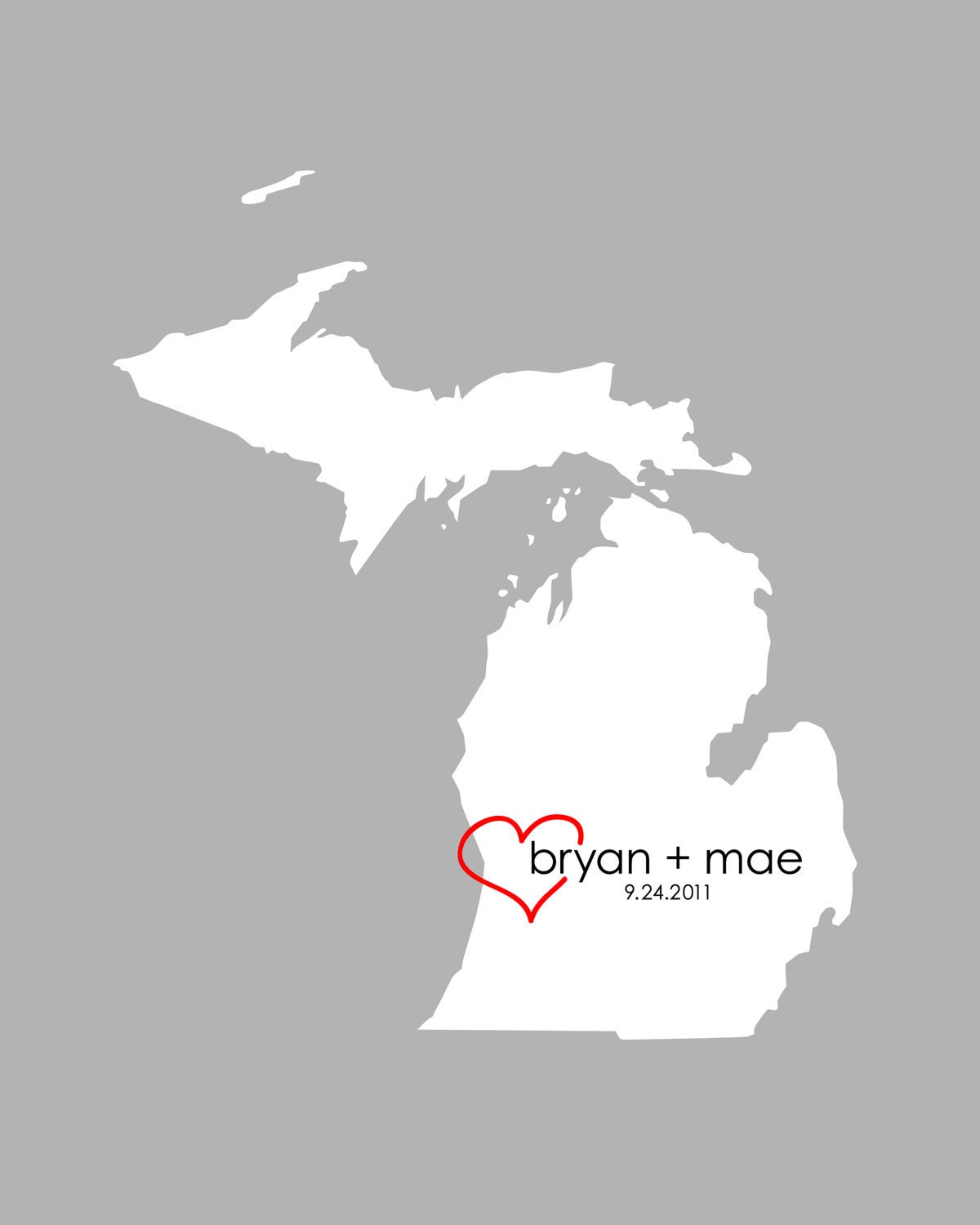 Custom State/City Heart Love Print - Wedding Print - 5"x7" (Available for any State)