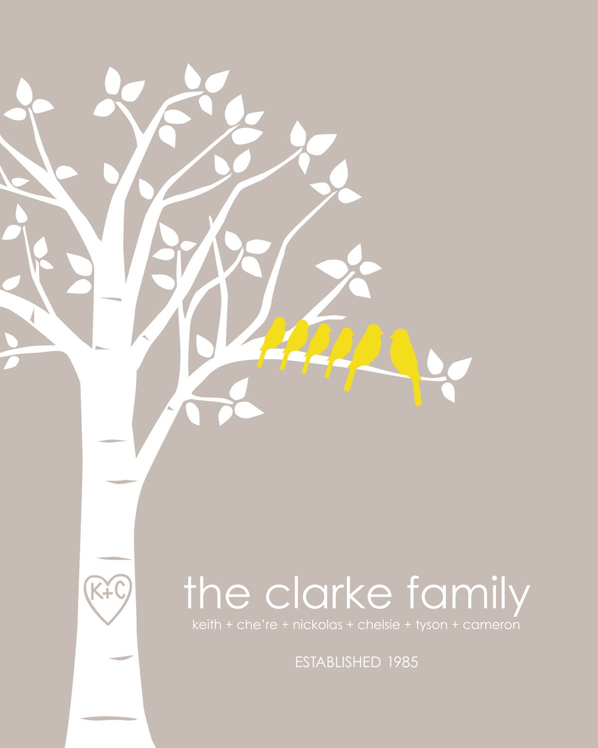 Personalized Custom Love Birds Wedding Family Tree - Housewarming Gift - Gift for Mom - 8"x10" (Light Taupe/Mustard))