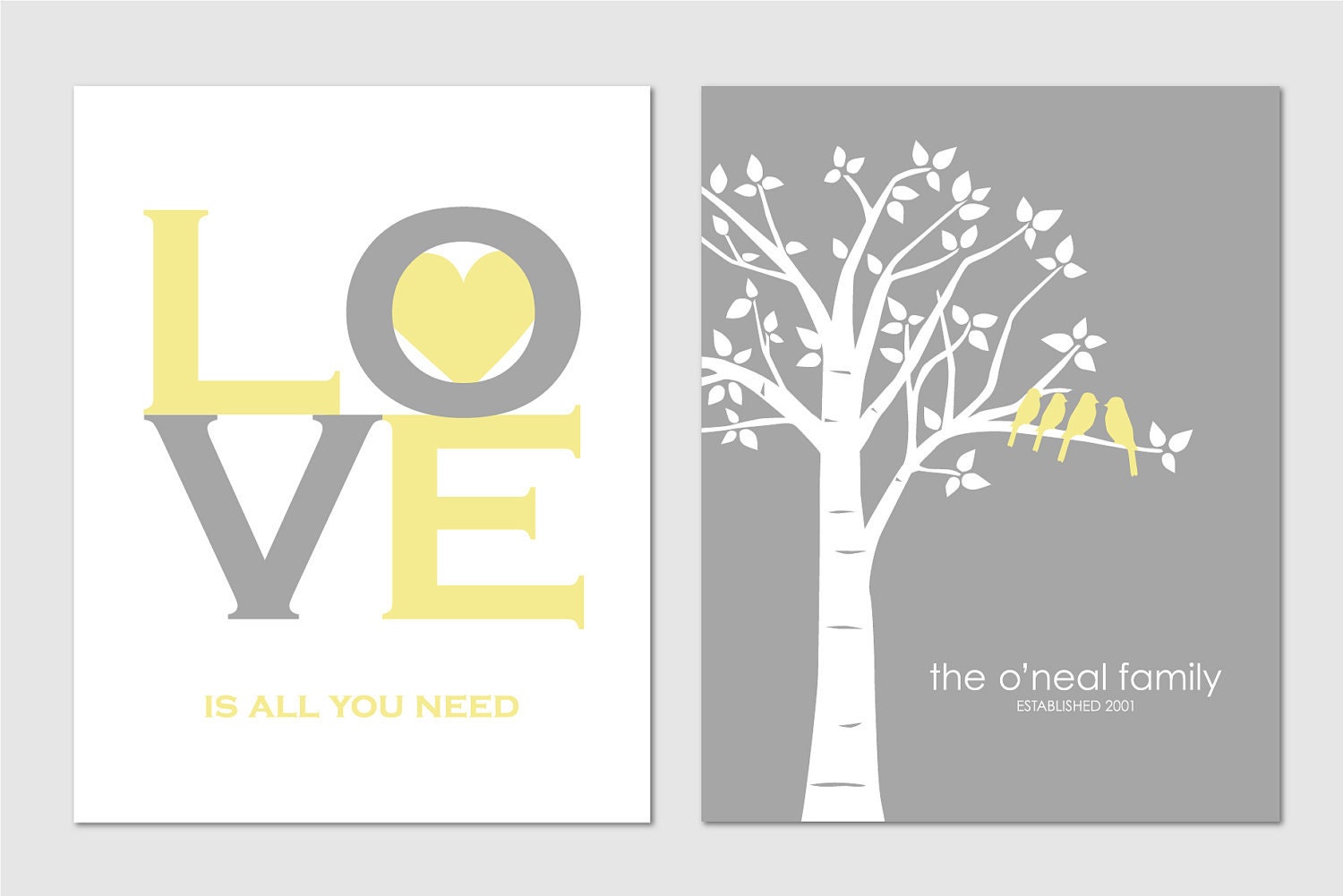 Personalized Custom Love Bird Wedding Family Tree - Birds on Branch - Love is All You Need - Set of 2 prints- 8x10s