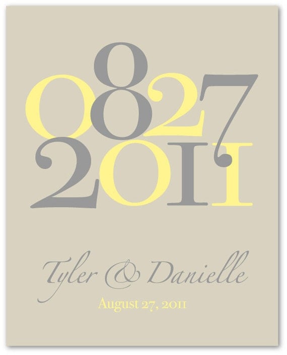 Custom Wedding Colors Anniversary or Wedding Date Print - 8"x10" (Yellow/Gray/Stone)
