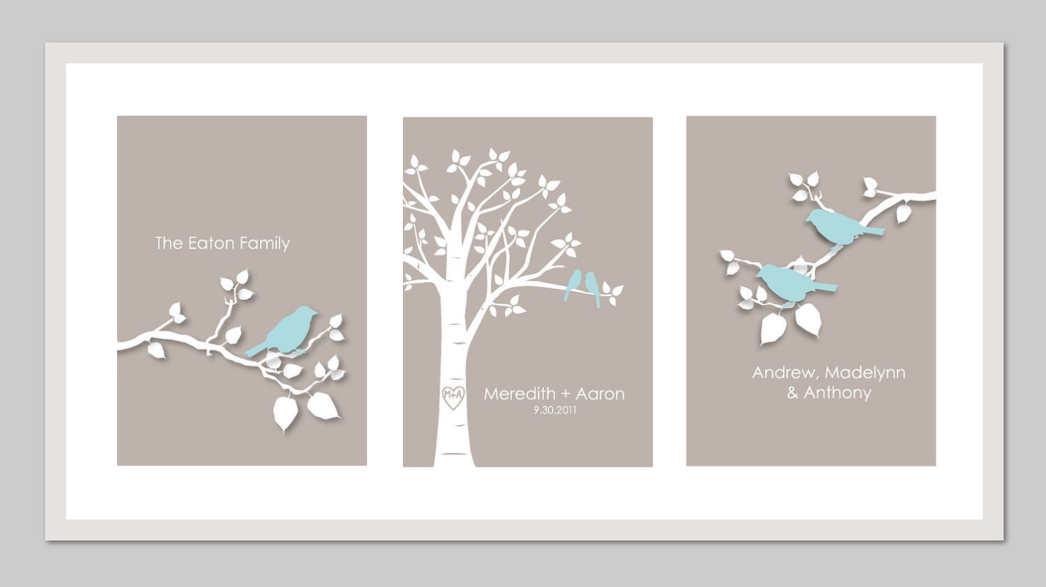 Personalized Custom Love Birds Family Tree - Bird on Branch - Set of three 5"x7"s (Pale Blue/Taupe)