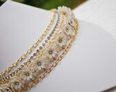 Vintage White Flower & Rhinestone in Gold Necklace - Multi Strand Chain