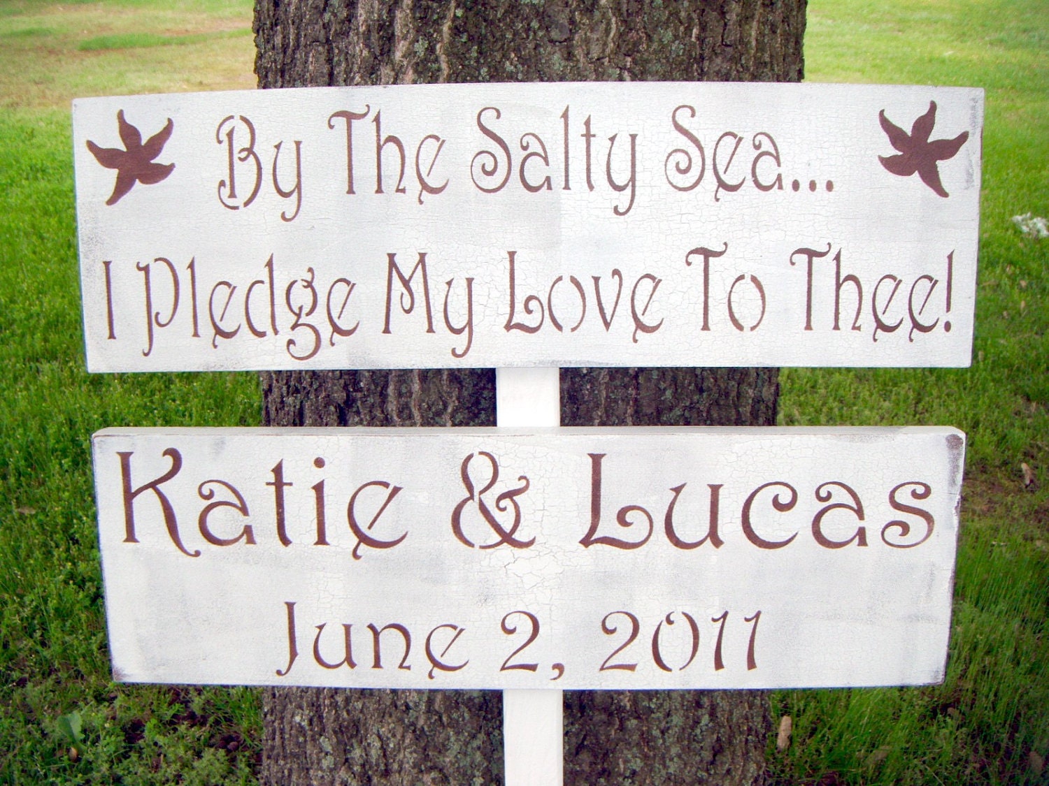 BEACH WEDDING Directional Sign Set - 'By the Salty Sea I Pledge My Love to Thee' & Bride and Groom names, date - Crackled Beachy Shabby Chic