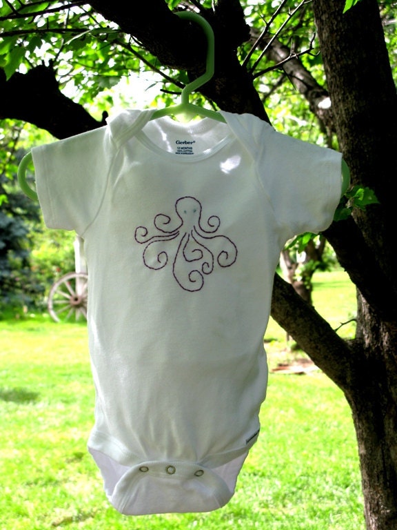 Hand Embroidered Onesie --  Purple Octopus