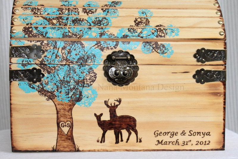Personalized Rustic Keepsake Treasure Chest  Large, Tree with deer couple in pool and chocolate or you choose the colors