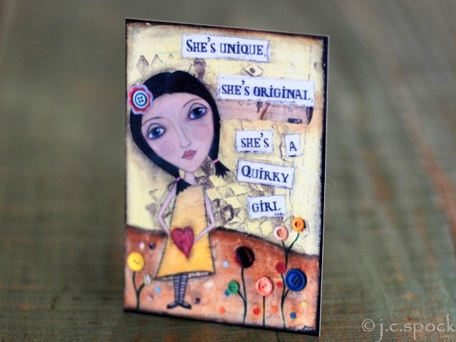 Mixed Media ACEO: Quirky Girl, mini art card, whimsical art, inspirational art, folk art, whimsical girl, yellow, orange, red