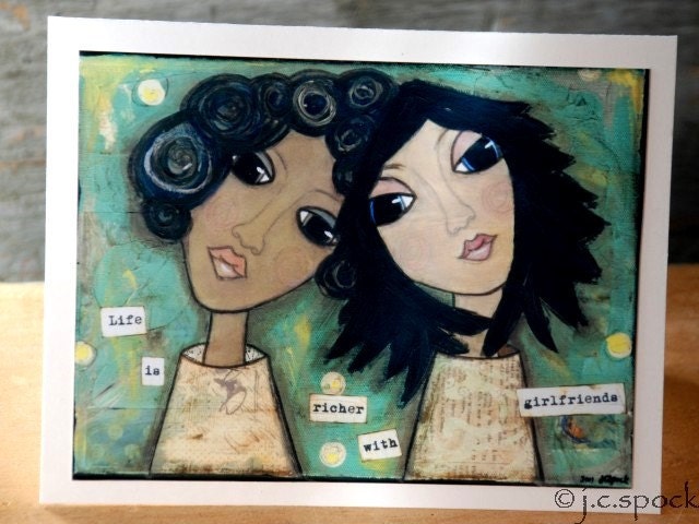 Folk Art Card: Girlfriends, 4x5.5 blank greeting card, Mixed Media Art, Inspirational art, notecard, note card, whimsical art, yellow, aqua