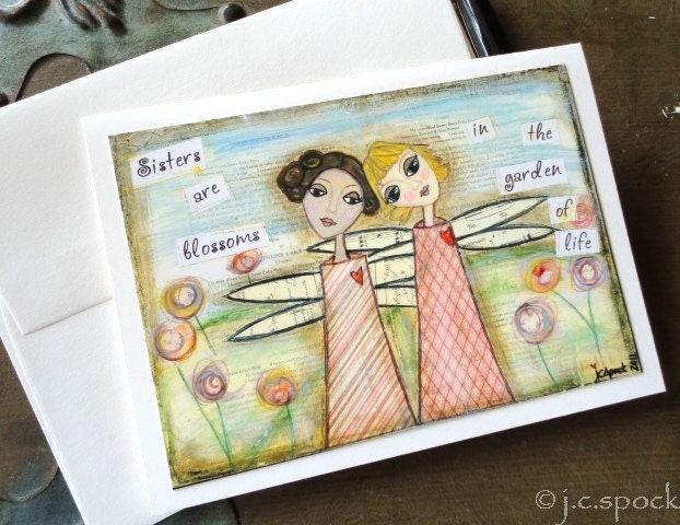 Folk Art Card: The Sisters, 4x5.5 blank greeting card, Mixed Media Art, Inspirational art, notecard, note card, whimsical art, pink blue