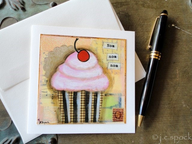 Cupcake Card: Nom nom Cupcake Card 4.25 x 4.25 blank greeting card, note card, notecard, Mixed Media, Whimsical cake art, pink, peach, brown - JCSpock