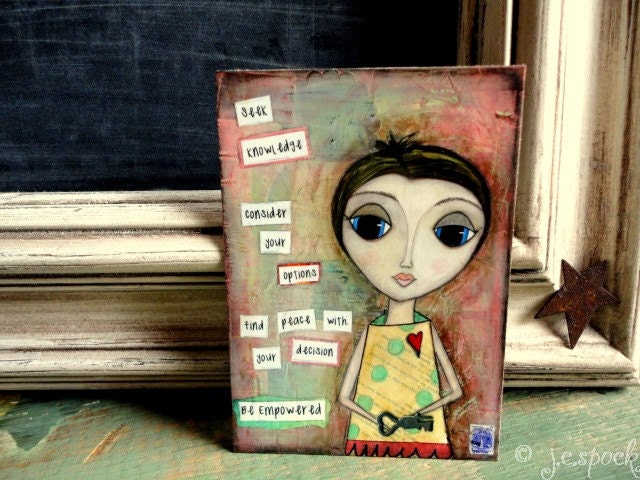 Inspirational Art ACEO: Empowered Girl - Folk Art, Mixed Media Art, Whimsical, Breast Cancer, Ovarian Cancer - 50 percent donated to FORCE
