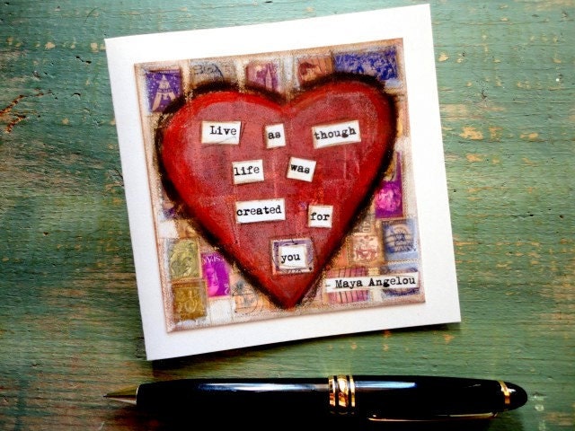 Heart Card: Living Heart 4.25x4.25 blank greeting card, note card, notecard, Mixed Media, Inspirational art, heart art, red, vintage stamps