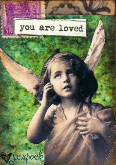 Altered Art:  You are Loved Cherub 5x7 print - Whimsical Art, Mixed Media Art, Collage Art, Vintage photo art, vintage angel, valentine