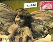 Altered Art:  Muah Cherub 5x7 print - Whimsical Art, Mixed Media Art, Collage Art, Vintage photo art, vintage angel, valentine
