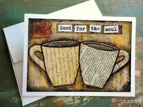 Coffee Card: Soulful Coffee Card 4 x 5.5 blank greeting card, note card, notecard, Mixed Media, Whimsical coffee art, brown, tan, ivory