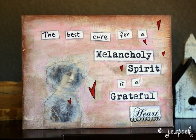 Original Art: Grateful Heart Typography Framed Painting, 9x12 Mixed Media Art, Folk Art Painting, Inspirational Art, pink