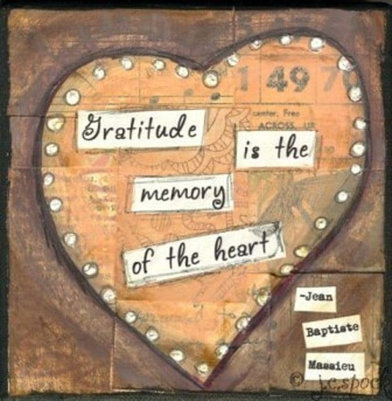 Mixed Media Art: Grateful Heart - 5x5 print - Whimsical Art, Folk Art, Inspirational Art, Wall Art, Heart Art - peach, plum