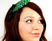 Emerald Green, Feather Hairpiece, Fascinator, With Veil, Steam Punk, Vintage Inspired, Headband, Hair Accessory, Mini Veil - Fascinate