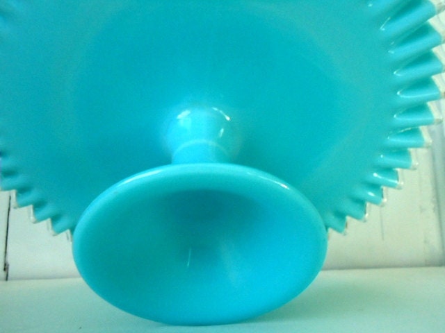 Vintage Turquoise Blue Fenton Milk Glass Cake Stand