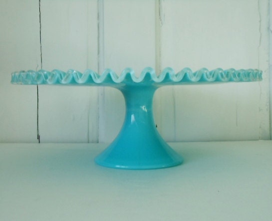 Vintage Turquoise Blue Fenton Milk Glass Cake Stand