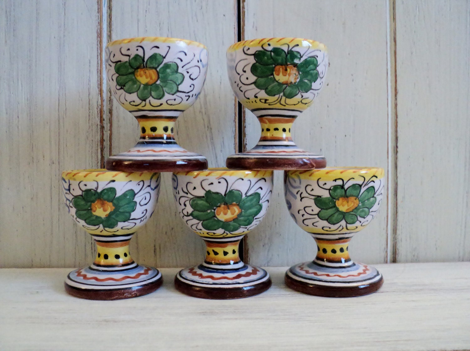Italian art pottery faience colorful egg cups italy