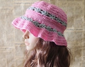Hand Crocheted Hat - Lovely Pink and Grey Bucket Hat for Teen Girl and Adult Woman