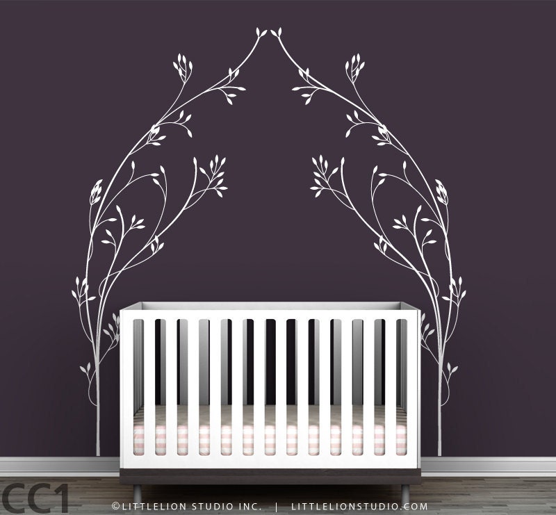 Vineyard Canopy Bed Headboard Wall Decal - Classic, elegant, modern baby room decor - White, brown, gold, silver