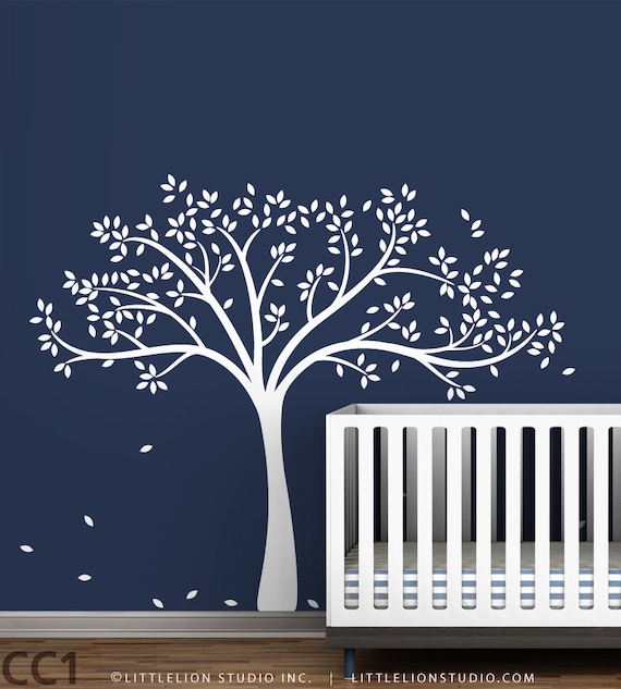 Fall Tree Wall Decal - White tree decal on blue wall - Baby Nursery Wall Decor