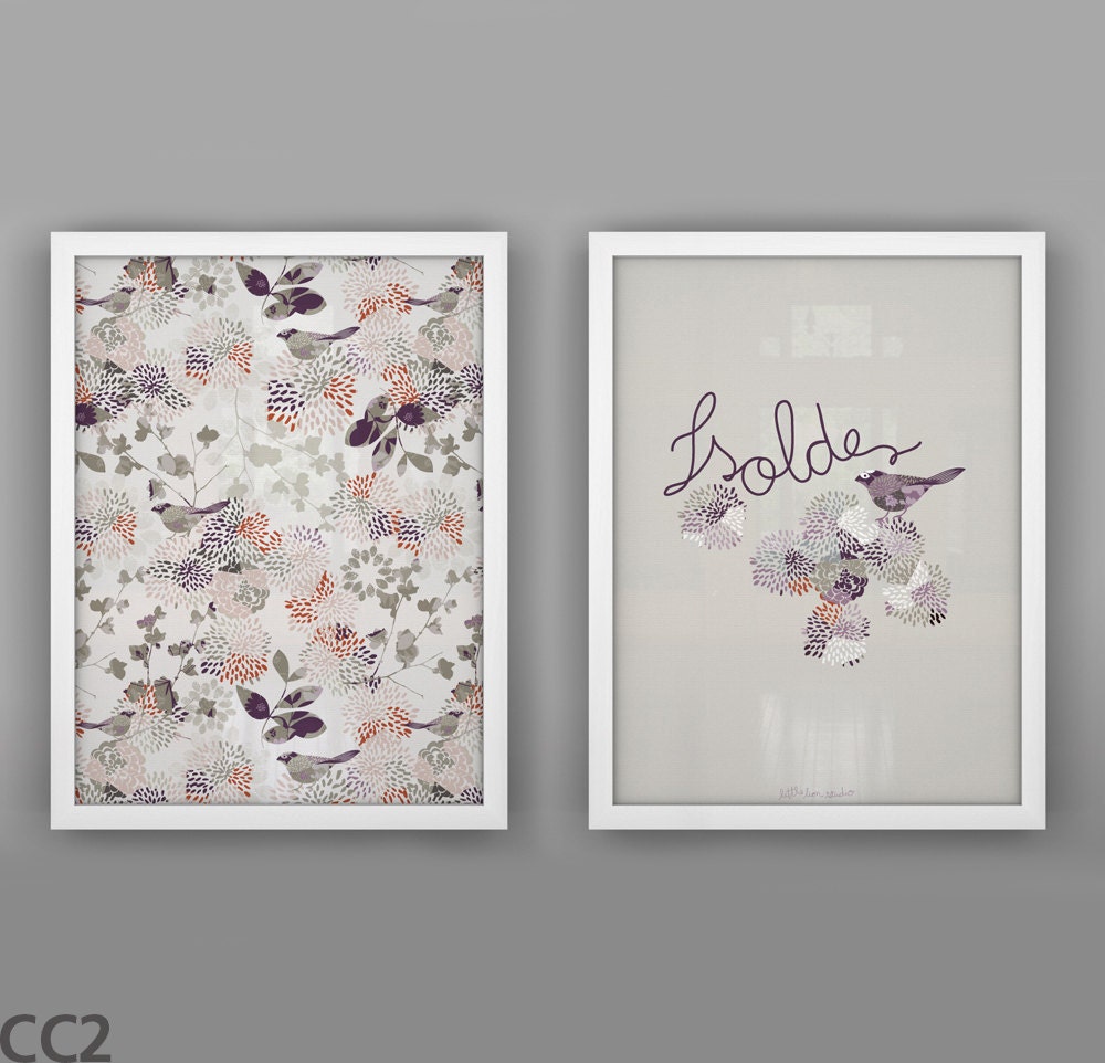 Baby wall art custom print set floral birds hand lettered green red gray - Unframed  11 3/4  x 15 3/4" - Mysteries