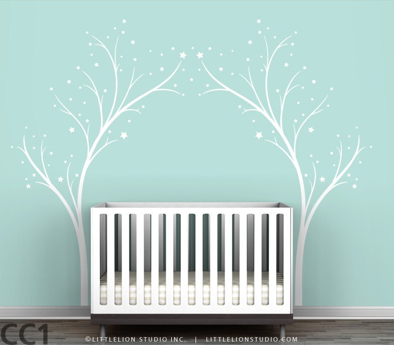 Twinkle Tree Gate Wall Decal - Tree Stars Decal - White Tree - White Stars - Blue, Dark Brown, Pink, Lilac - Modern Kids Room Decor