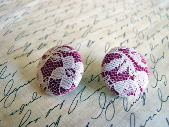 magenta floral lace button earrings 7/8" handmade designs and vintage treasures by studio346