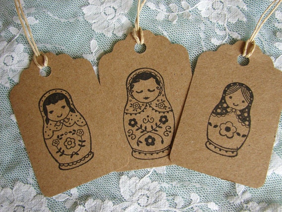 russian matryoshka doll gift tags, set of ten handmade designs and vintage treasures by studio346