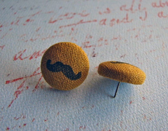 mustard yellow fabric button mustache earrings