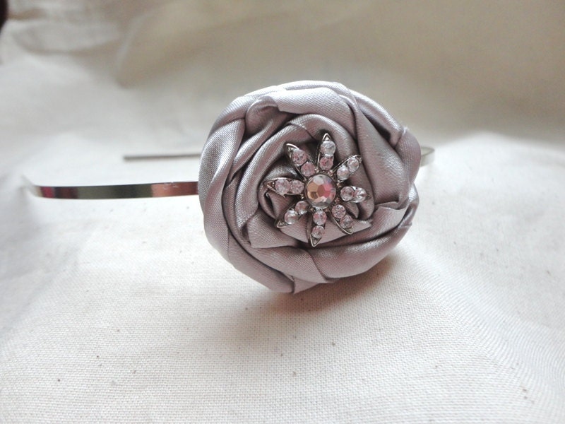 Satin Flower Skinny Metal Headband or Hair Clip with Gemstone Flower Center