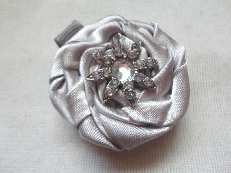 Satin Flower Skinny Metal Headband or Hair Clip with Gemstone Flower Center