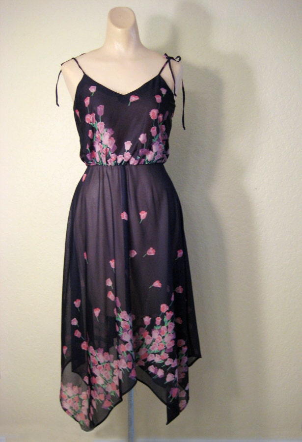 Vintage 70s Black / Flowers Dress sheer nylon Size M
