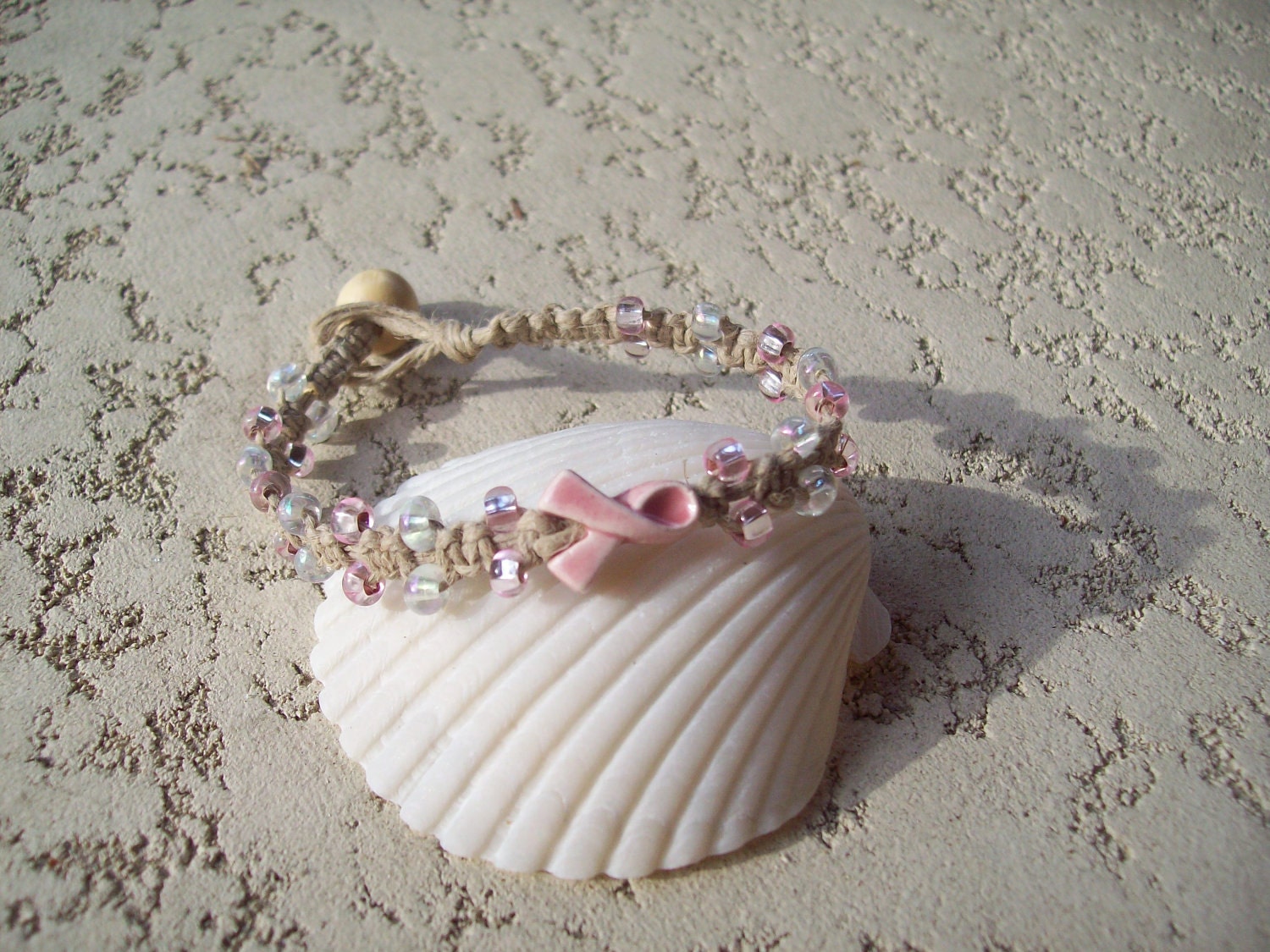 Pink Ribbon Breast Cancer Awareness Macrame Bracelet, all natural hemp
