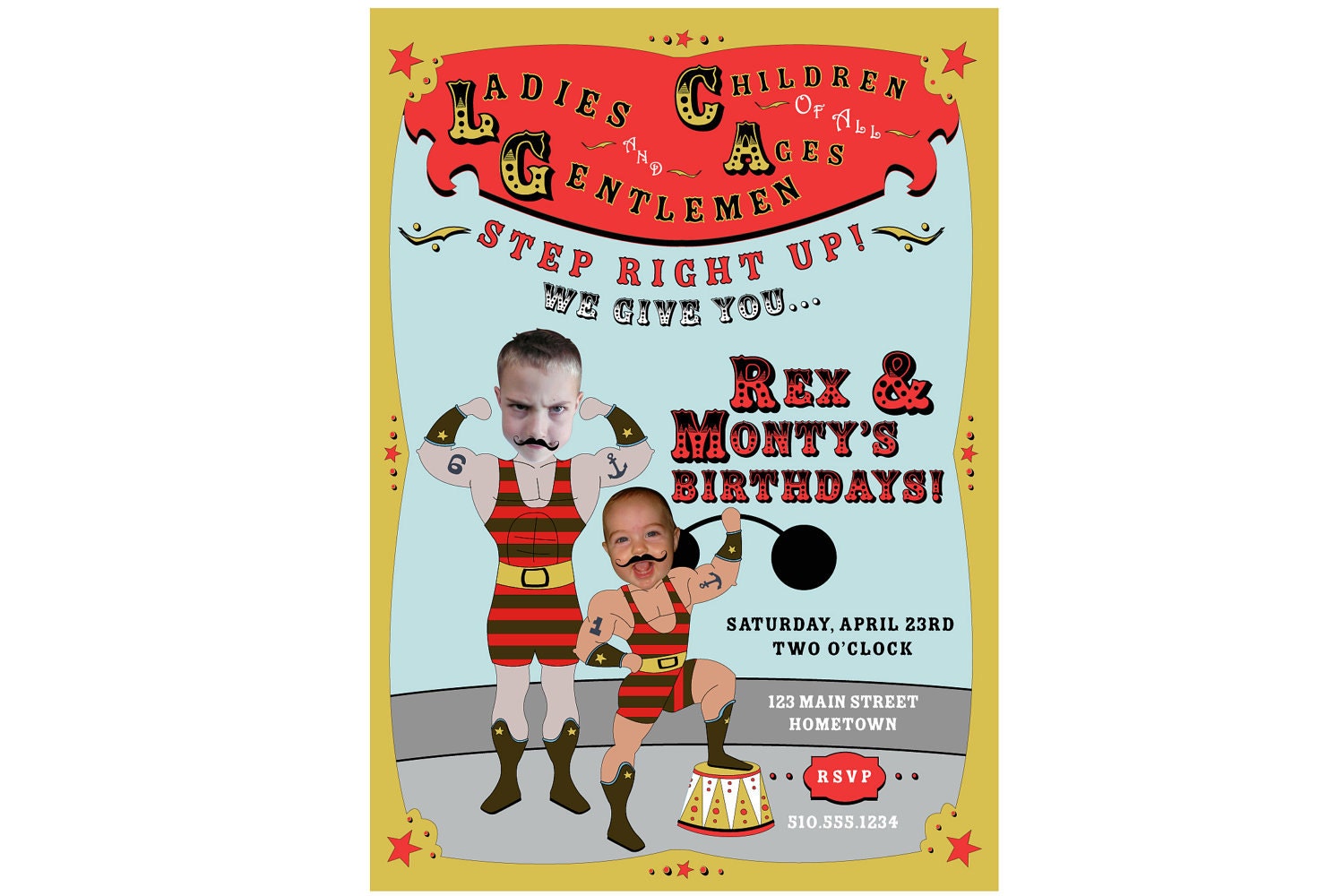 Carnival Circus Strongman Brothers Invitation - Personalized & Printable