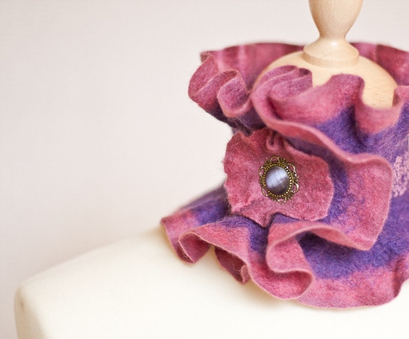 Scarf Collar Ruflled Neckwarmer Purple Plum Cranberry Nuno Felted Scarves Lace Flower