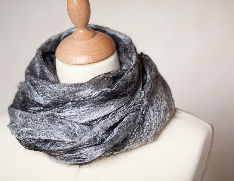 Lace Scarf Felt Cobwel Shawl Silk Baby Alpaca Salt and Pepper black and white grey gray silver eco friendly dark