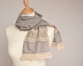 Linen Scarf Vintage French Lace Natural Gray Beige Eco Friendly summer boho neutral OOAK dtteam elitett tbteam teamcamelot