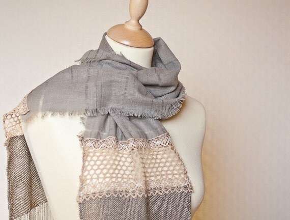 Long Linen Scarf Vintage French Lace Long Fringes Gray Beige OOAK