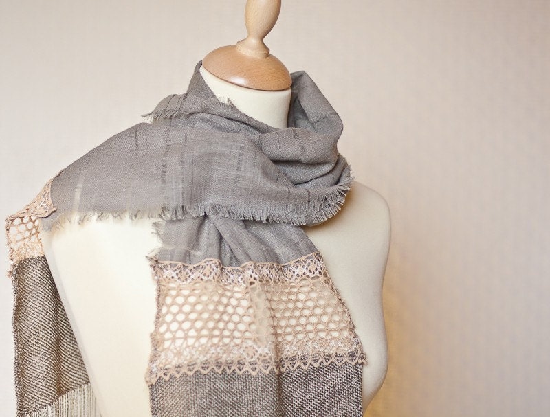 Long Linen Scarf Vintage French Lace Long Fringes Gray Beige OOAK