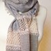 Long Linen Scarf Vintage French Lace Long Fringes Gray Beige OOAK