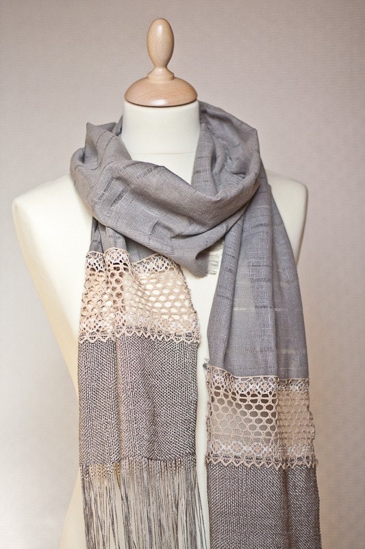 Long Linen Scarf Vintage French Lace Long Fringes Gray Beige OOAK