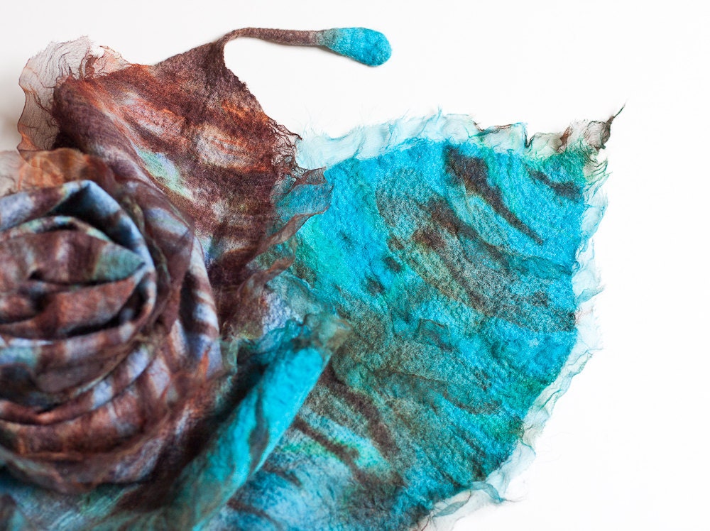 Nuno Felted Scarf Exotic Bird Feather Fiber Art Turquoise Chocolate Brown Periwinkle Shibori ruffles OOAK